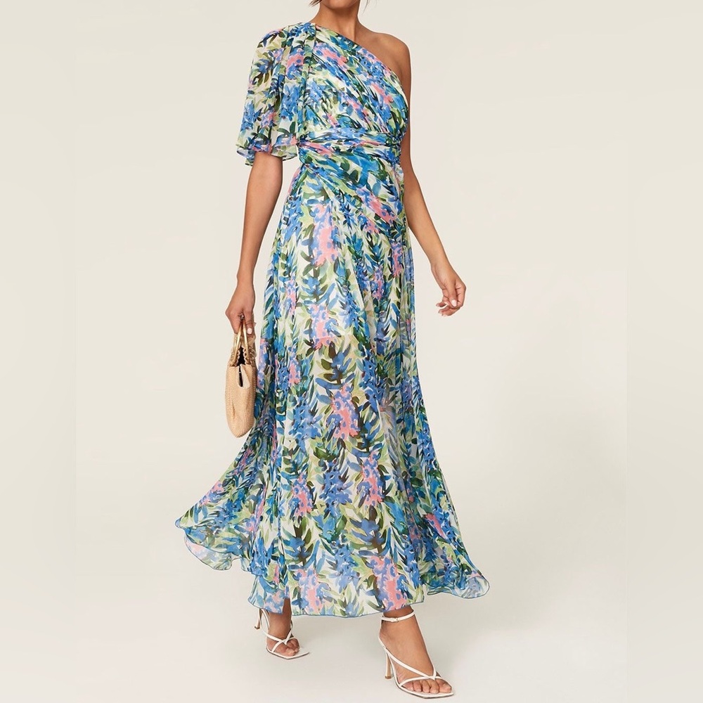 Badgley Mischka Floral One Shoulder Gown in blue multicolored size 10